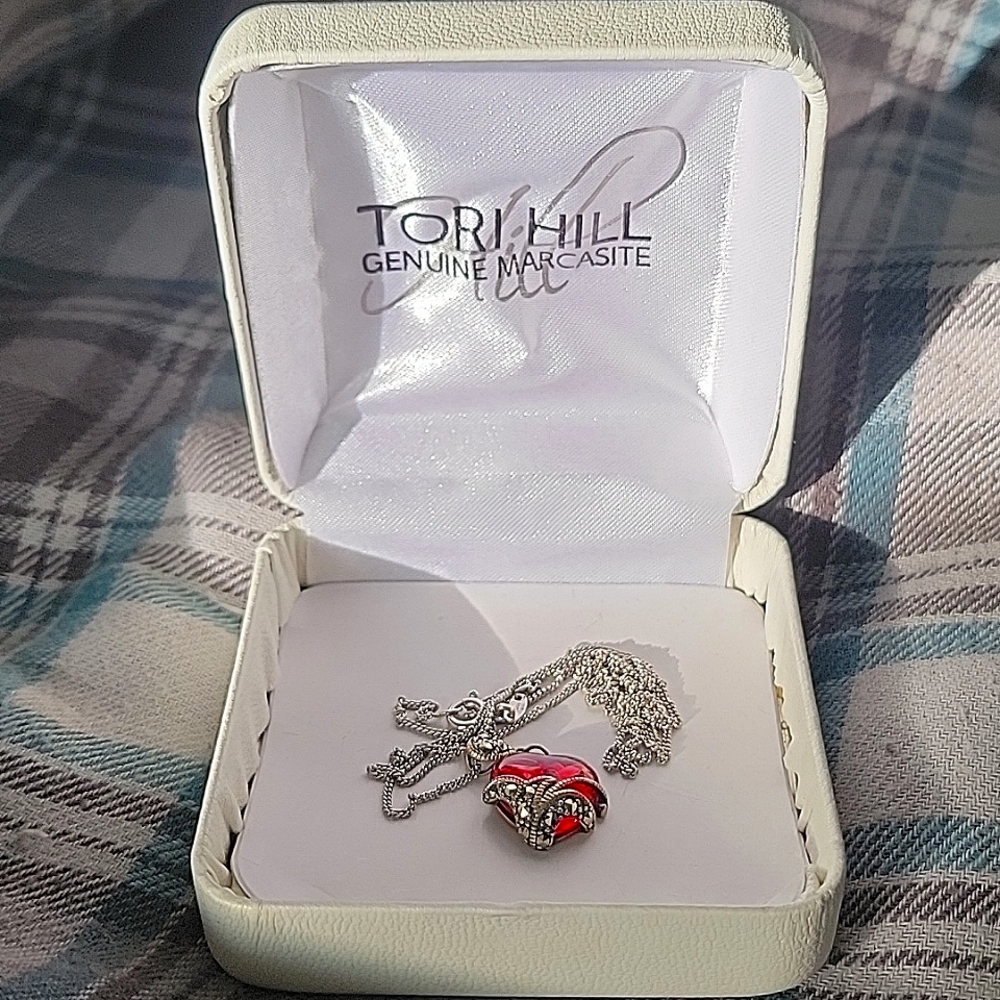 Tori Hill Sterling Silver Red Glass & Marcasite Heart Pendant Necklace